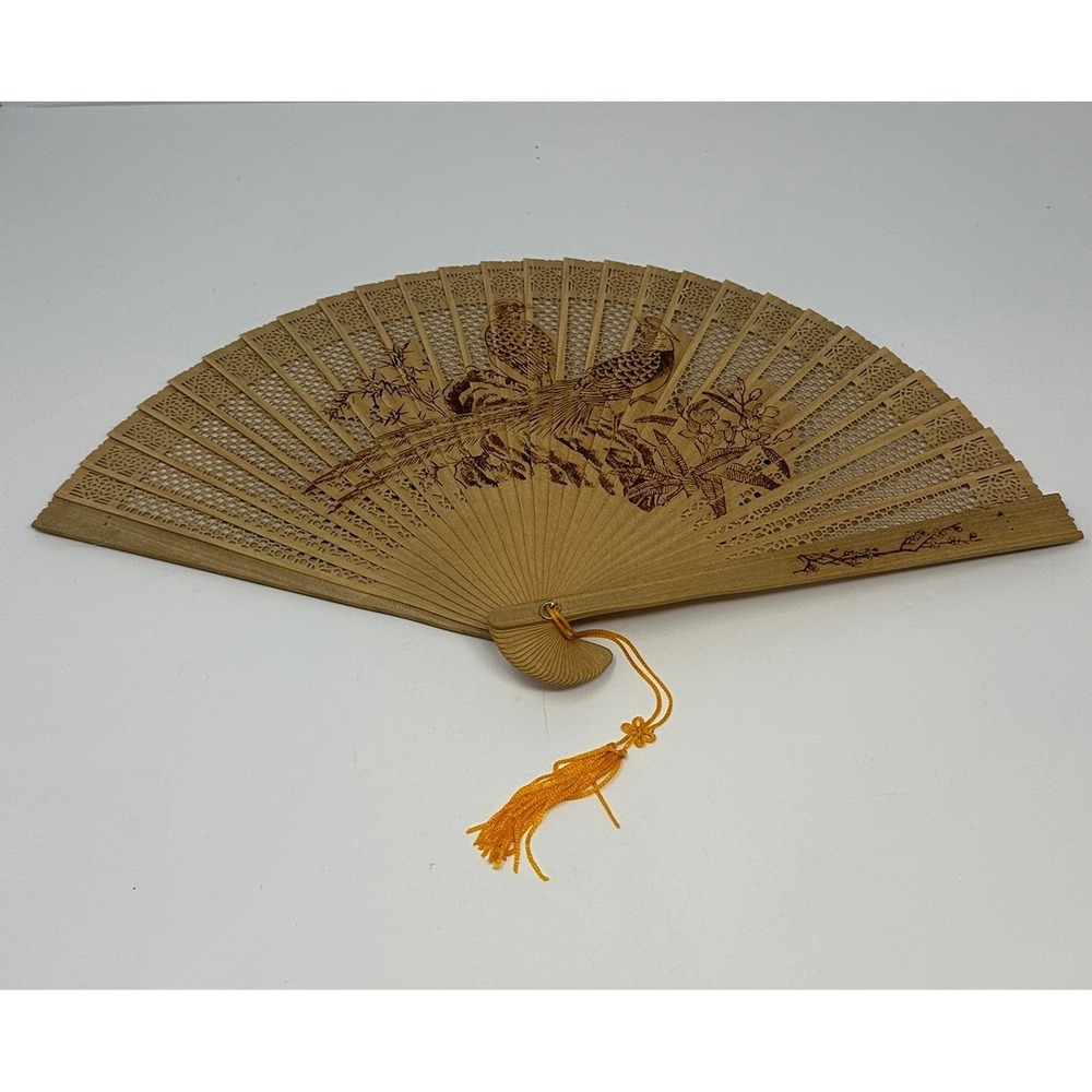 Vintage Chinese Sandalwood Folding Fan Carved Pheasant Design with‎ Brocade Box - Picture 5 of 14